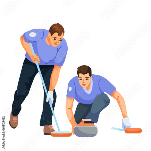 Two male athletes participating in curling sport, cartoon style on white background. Concept of teamwork and winter competition. Vector illustration
