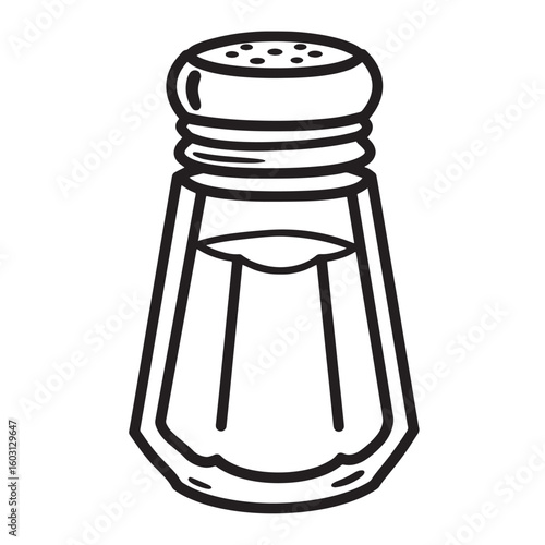 Black and white simple outline illustration of a traditional salt shaker condiment seasoning