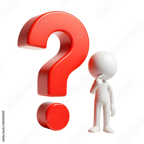 question mark exclamation mark point red 3d sign symbol icon with thinking and pointing stick man figure isolated on white background