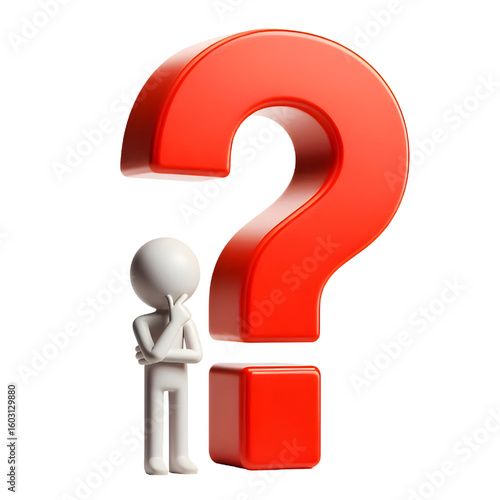 question mark exclamation mark point red 3d sign symbol icon with thinking and pointing stick man figure isolated on white background