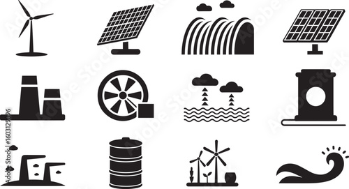 Renewable Energy Sources and Sustainable Power Generation Icons Set for Eco-Friendly Future