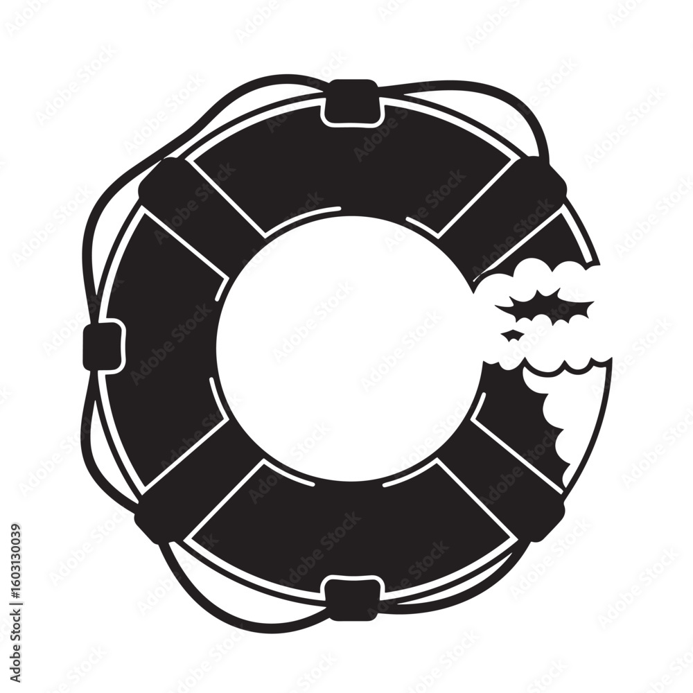 Fototapeta premium Black life buoy with rope and water splash black and white monochrome