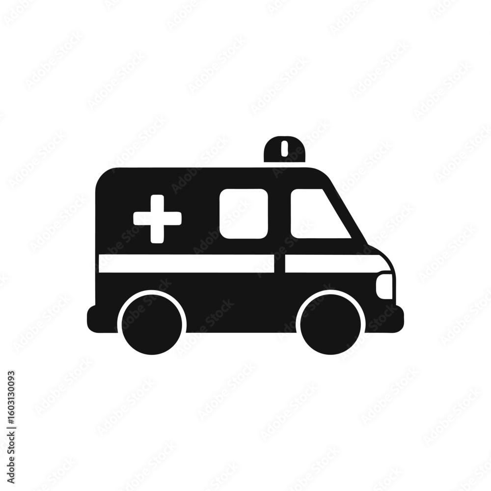 Fototapeta premium Black silhouette of an ambulance with a cross symbol isolated on white background