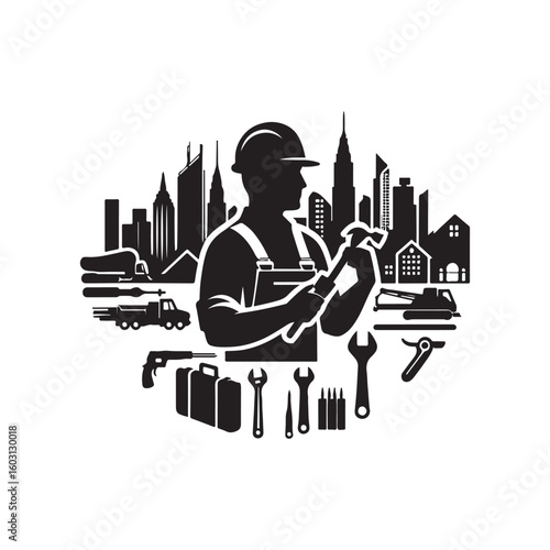 Labour Day Silhouette Vector Illustration, Solid White Background.