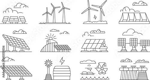 Renewable Energy Sources Outline Icons Set Alternative Power Generation Wind Solar Hydroelectric