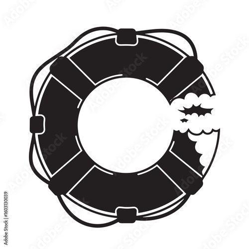 Black life buoy with rope and water splash black and white monochrome