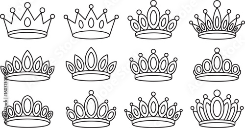 Royal Crown Outline Collection: Elegant Headwear, Regal Symbol, and Monarch Icon Set