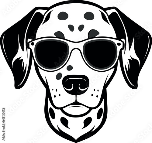 Cool dalmatian dog wearing black sunglasses with spots and floppy ears in a close up portrait