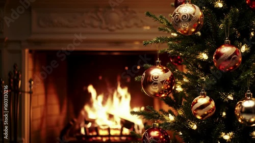 Warm Christmas spirit flows with decorated tree and fireplace glow for cozy holiday celebrations