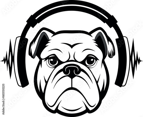 A black and white illustration of a determined bulldog wearing large headphones with sound waves emanating from them