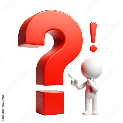 question mark exclamation mark point red 3d sign symbol icon with thinking and pointing stick man figure isolated on white background