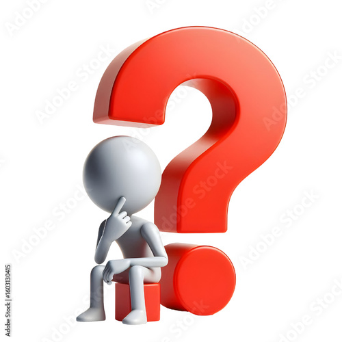question mark exclamation mark point red 3d sign symbol icon with thinking and pointing stick man figure isolated on white background