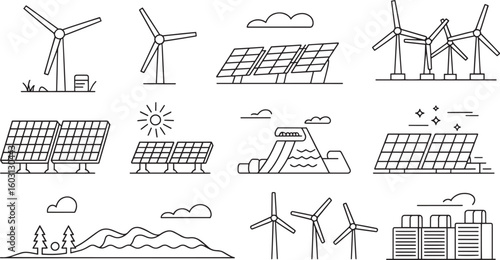 Sustainable Energy Outline Icons Set Wind Turbines Solar Panels Geothermal Power Plants Buildings
