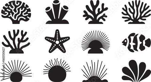 Underwater World Black Silhouette Vector Set Featuring Coral, Starfish, Sea Urchin, and Fish