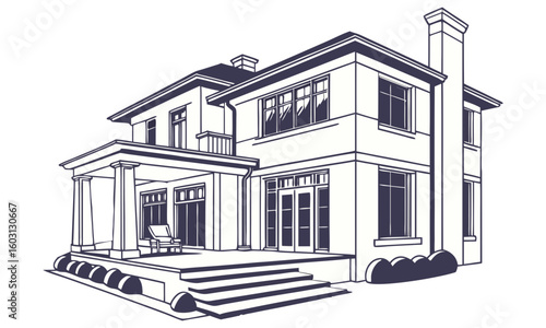 Elegant two story house with porch and chimney