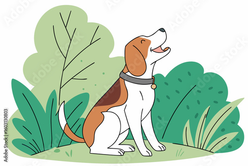 Happy beagle outdoors with greenery in the background, showing contentment and joyful pet moments, modern flat illustration style
