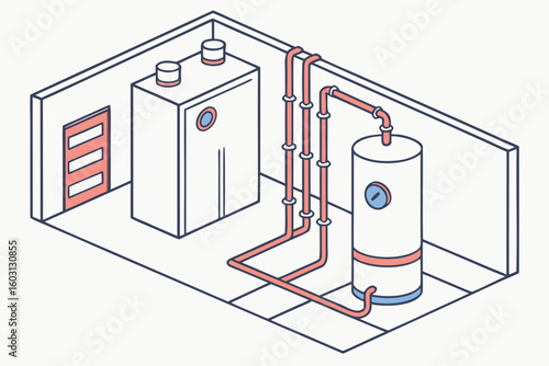 Heating system setup in a modern home's boiler room with electric boiler, valves, copper pipes, and controller for efficient heating, modern flat illustration style