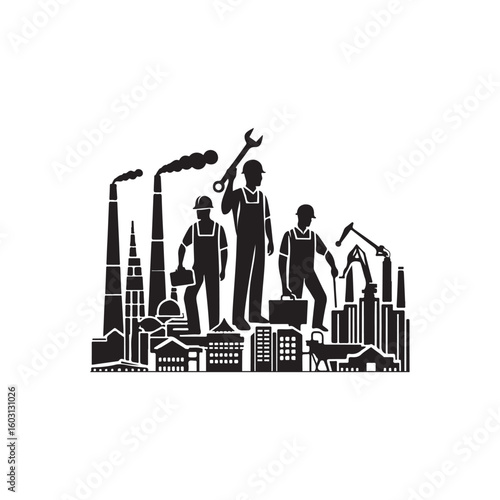 Labour Day Silhouette Vector Illustration, Solid White Background.