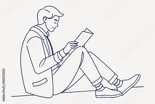Man holding and reading a document with careful focus, sketched in continuous line style for thoughtful moments, modern flat illustration style