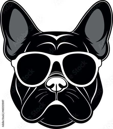 Stylish black french bulldog wearing white sunglasses exuding coolness and charm