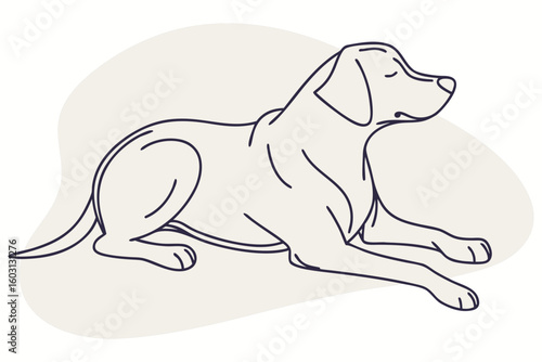 Relaxing dog drawn in continuous line while lying down, evoking calmness and loyal companionship, modern flat illustration style