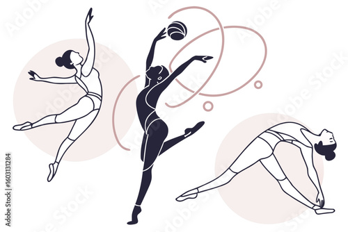 Rhythmic gymnasts in dynamic poses, captured in abstract one-line art, celebrating sport, movement, and balance, modern flat illustration style