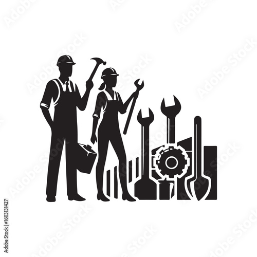 Labour Day Silhouette Vector Illustration, Solid White Background.