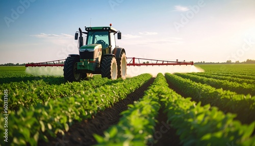 Tractor spraying crops on a sunny farm field Agriculture and technology in farming