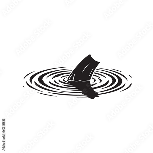 Dark object creating ripples on serene white vintage art illustration