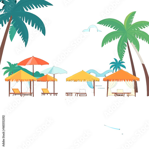 Colorful Beach Scene With Palm Trees And Cabanas