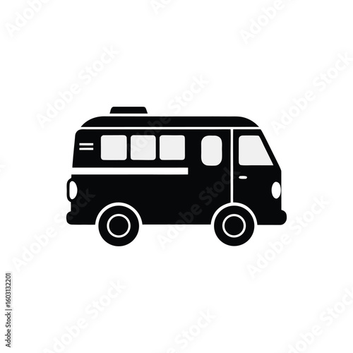 Black silhouette of a van isolated on white background