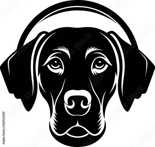 Stylized black silhouette of a labrador retriever dog wearing headphones listening to music