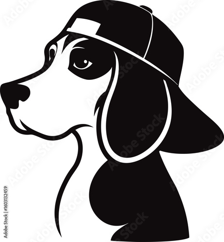Stylized silhouette of a beagle dog wearing a backward baseball cap in profile