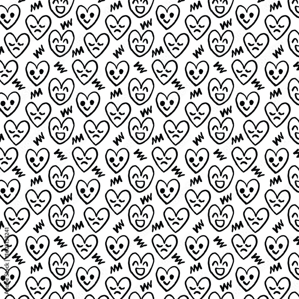 Fototapeta premium Seamless Hand-Drawn Heart Emoji Pattern – Black and White Doodle Background.