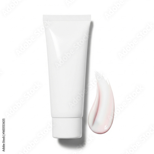 A mock plain white cosmetics tube and a clear cosmetics gel smear on white