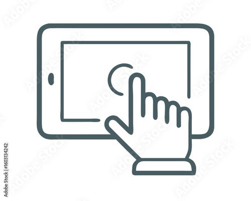 Minimalist outline icon depicting a human hand interacting with a digital touchscreen tablet, symbolizing modern technology, user interface, and intuitive digital interaction concept.