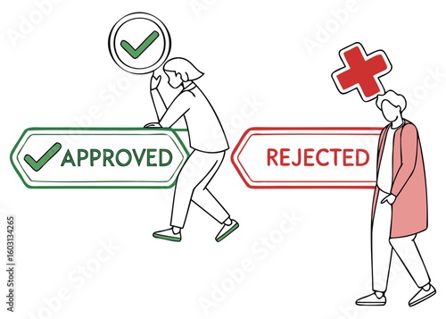 Minimal line art showing approved and rejected choices with human figures