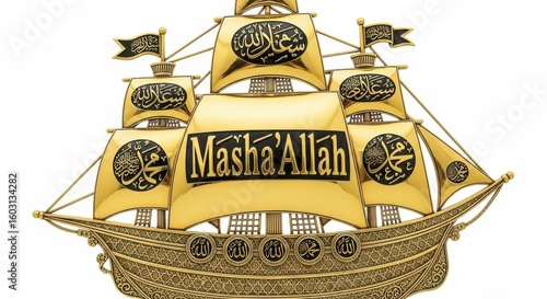 Ornate islamic calligraphy galleon ship decoration isolated on white background