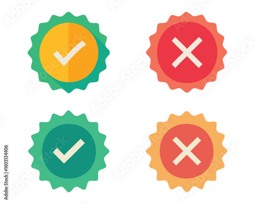 Colorful approval and rejection icons in round shapes with check and cross signs
