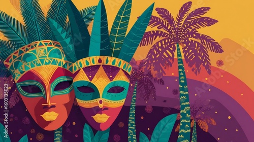 Colorful carnival masks with tropical elements evoking celebration and culture