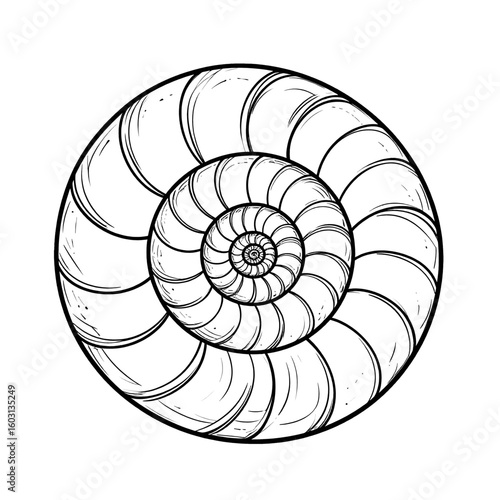 Detailed Black And White Spiral Shell Illustration