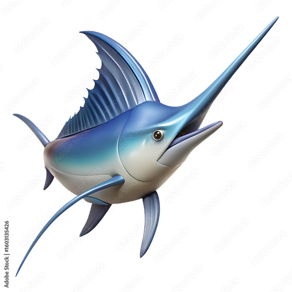 Fototapeta premium Blue sailfish with prominent dorsal fin and long bill in dynamic pose isolated on a transparent background