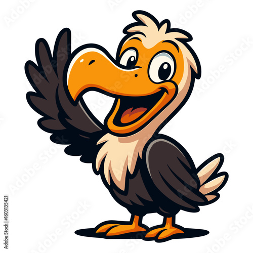 Cartoon dodo bird cheerfully waves hello, depicted vibrantly