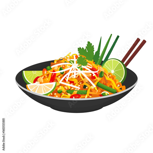 Colorful Pad Thai In Black Bowl With Lime And Chopsticks