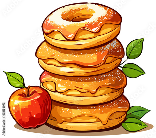 Stack of apple cider donuts with a red apple and apple leaves 