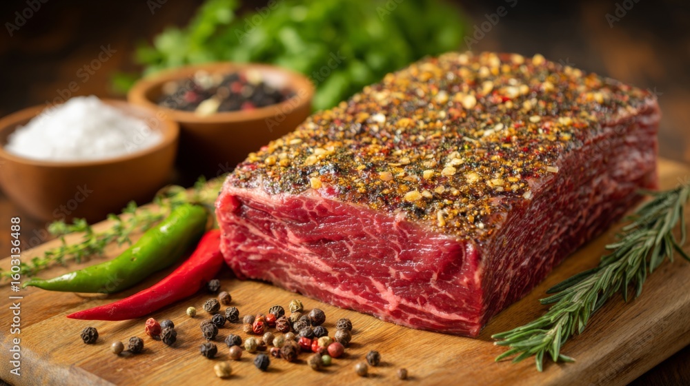 A close-up shot of a beautifully marbled steak resting on a wooden cutting board, surrounded by fresh herbs and spices, highlighting its rich color and texture. A close-up shot of a beautifully marbled steak resting on a wooden cutting board, surrounded by fresh herbs and spices, highlighting its rich color and texture.