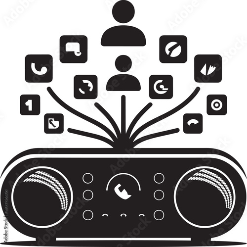 Black speaker device with connected communication icons technology