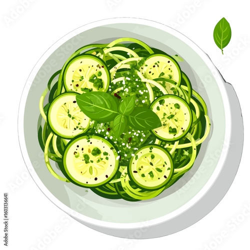 Overhead View Of Zucchini Noodles With Pesto And Lemon