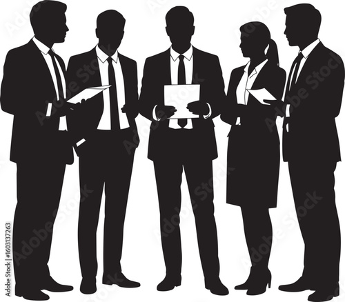 Business professionals gathered discussing documents team group