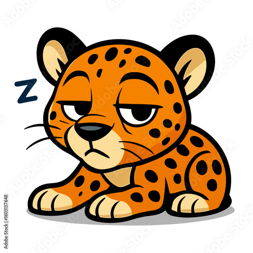 Cartoon leopard cub naps, displaying sleepy and grumpy mood